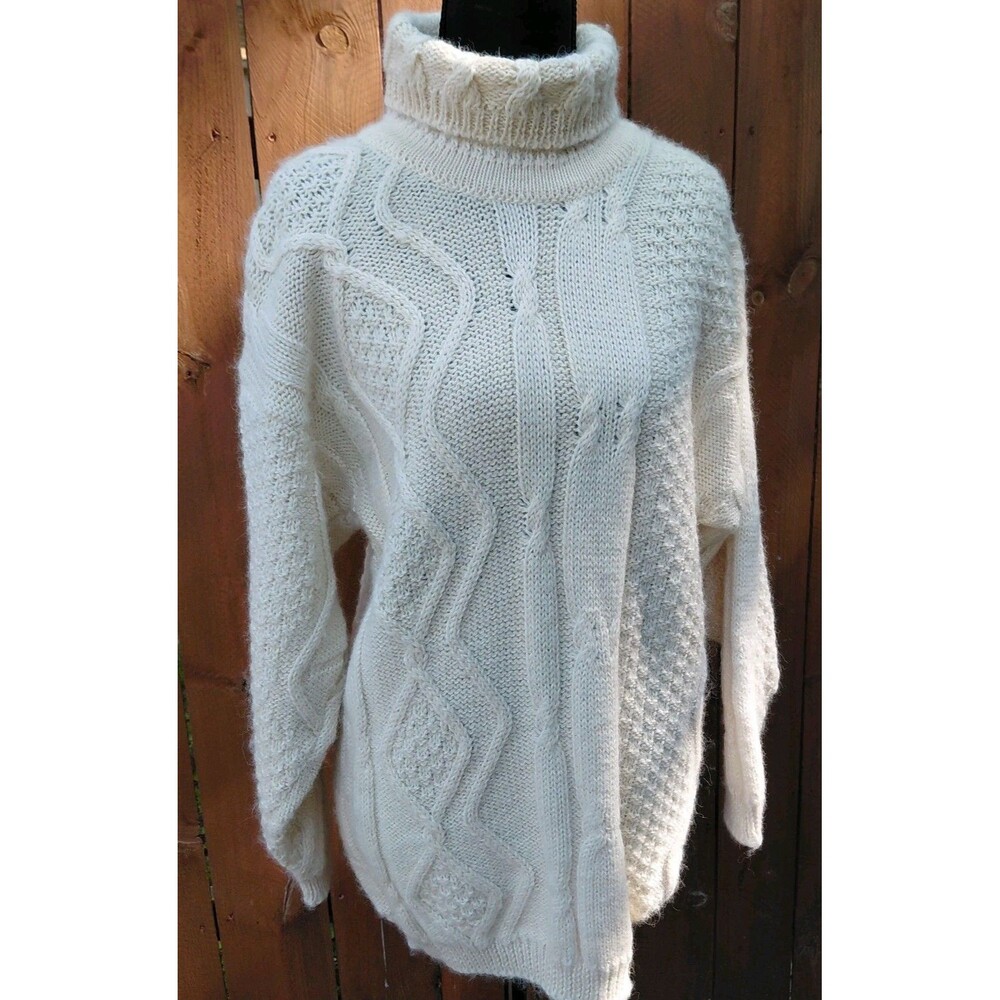 Gaeltarra Ireland Womens Sweater Small Ivory Alpaca Cable-Knit High Turtleneck